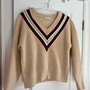 Sandro Size 2 US M V-Neck Gold Chains Chevron Stripe Ribbed Beige Sweater